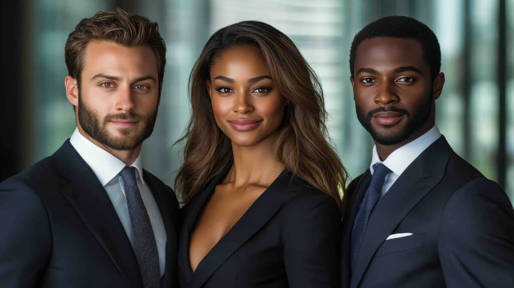 Accueil three professionals stand together in formal attire, showcasing confidence. the modern office background adds a touch of sophistication to their appearance and demeanor